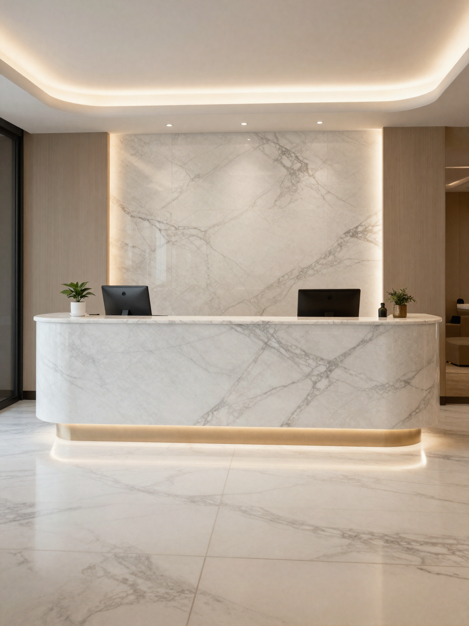 Recepção de hotel em Mármore Carrara - Marmoraria Masetti Chapecó
