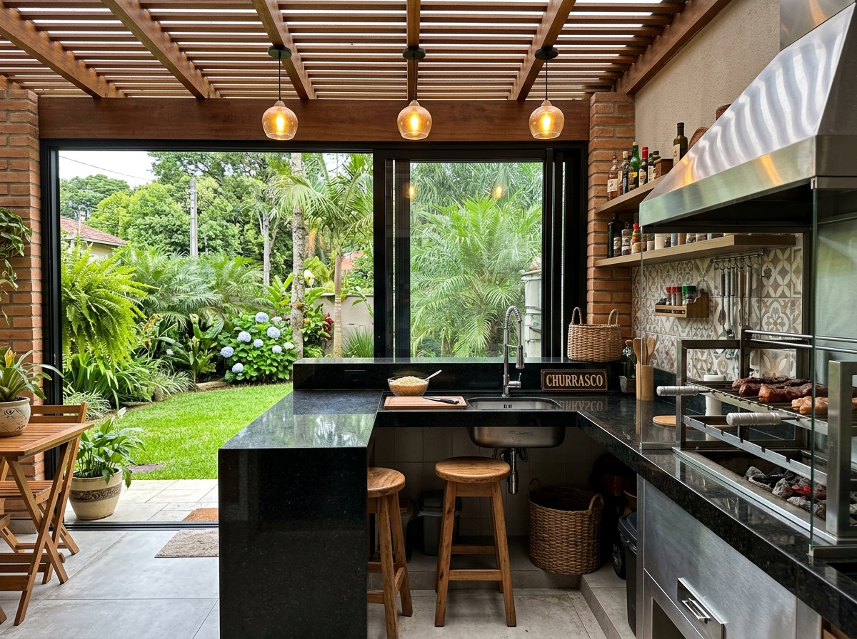 Espaço gourmet com bancada churrasqueira em Granito Preto São Gabriel - Marmoraria Masetti Chapecó