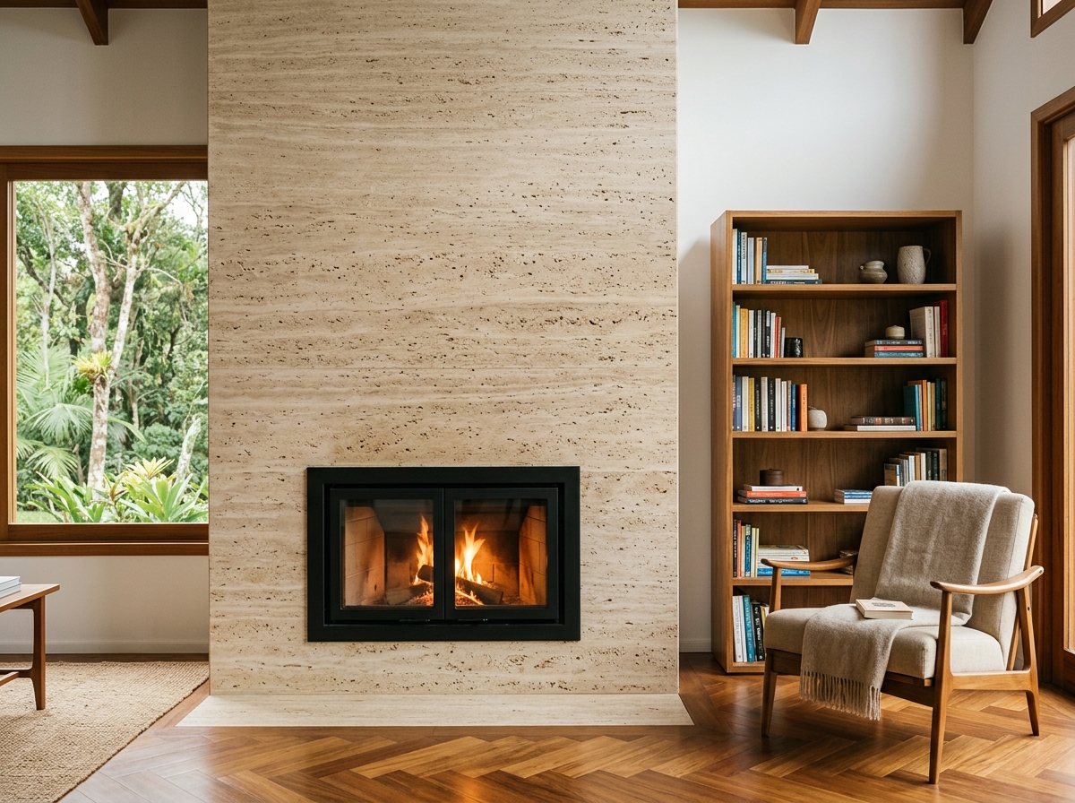 Lareira contemporânea em Travertino em Mármore Travertino - Marmoraria Masetti Chapecó