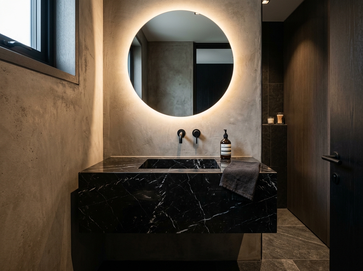Lavabo esculpido em Nero Marquina em Mármore Nero Marquina - Marmoraria Masetti Chapecó
